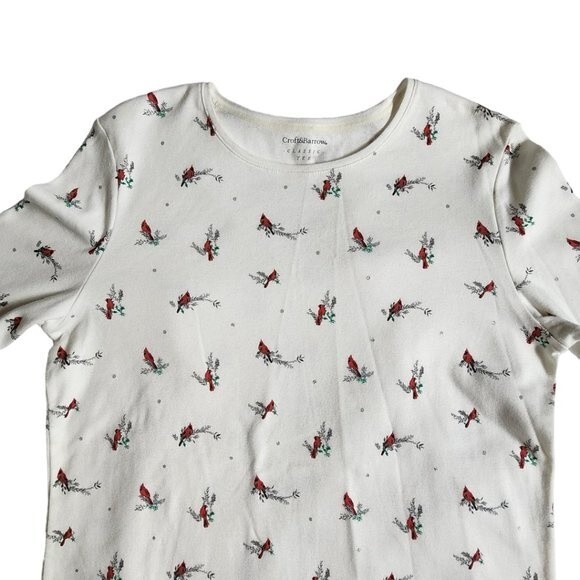 Croft & Barrow White Red Cardinal Bird Long Sleeve Classic Tee Top Size Small - Picture 3 of 10